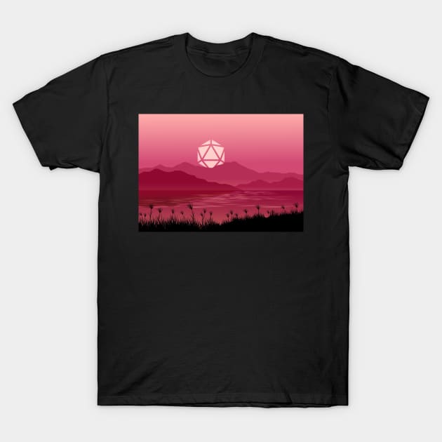 Hot Pink Sunset D20 Dice Sun Over the Mountains Tabletop RPG Maps and Landscapes T-Shirt by pixeptional